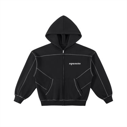 Contrast-Stitched Boxy Fleece Zip Hoodie